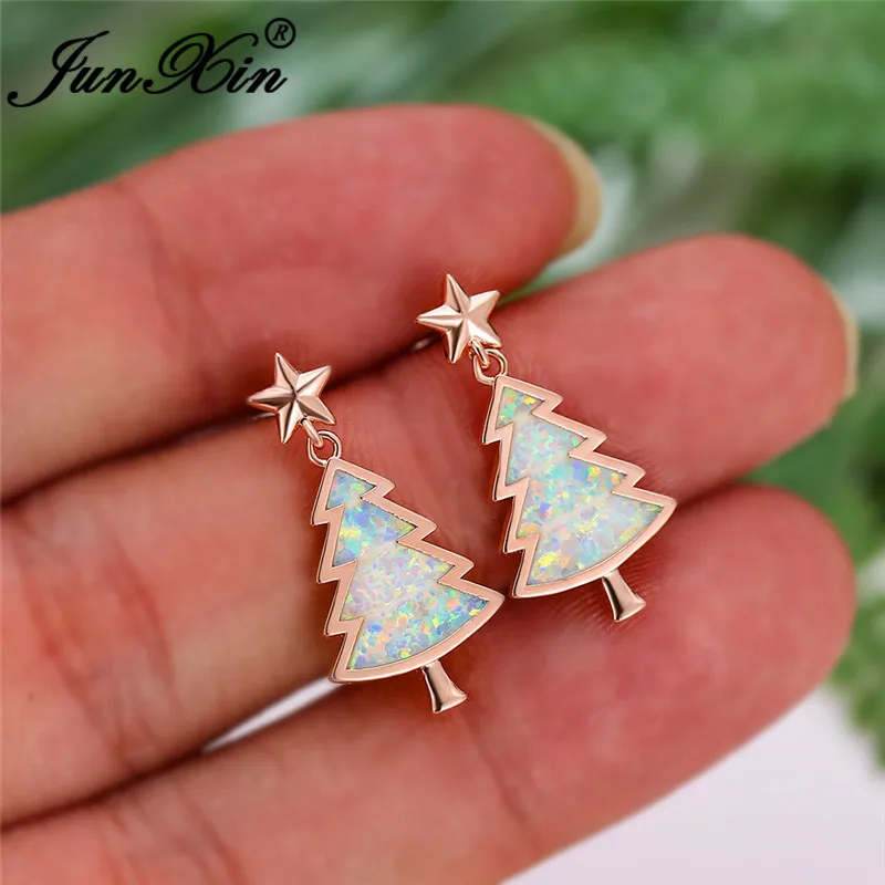 

Cute Christmas Tree Star Stud Earrings For Women 925 Silver Rose Gold Color White Fire Opal Earrings Wedding Engagement Jewelry