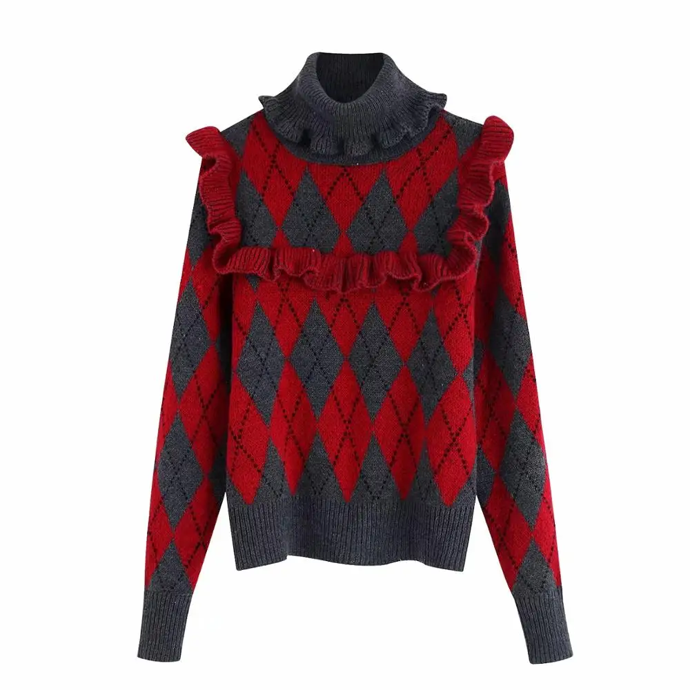 Увядшие зимние свитера для женщин pull femme Англия Винтаж геометрический жаккард каскадные водолазки свитеры для женщин пуловеры Топы - Цвет: Темно-серый