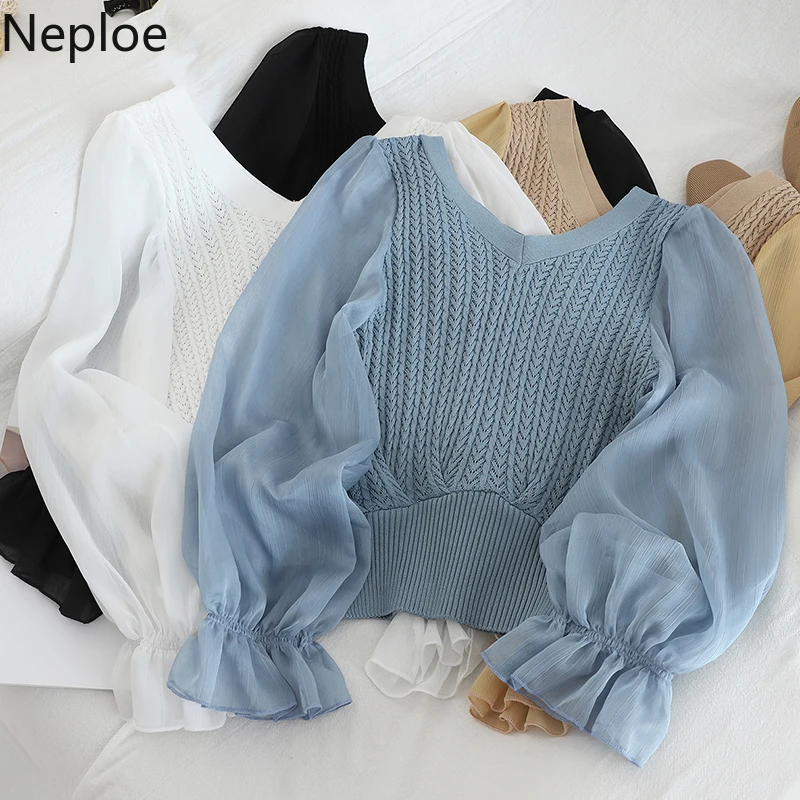 Neploe Fashion Patchwork Mesh Blouse Women V Neck Knit Flare Long Sleeve Blusas Autumn Spring New Slim Shirt Elegant 47108