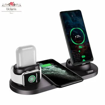 

6 In 1 QI 10W Wireless Charger Charging Dock Station For Apple Watch Iphone Airpods Android Series Type-C Micro Interface