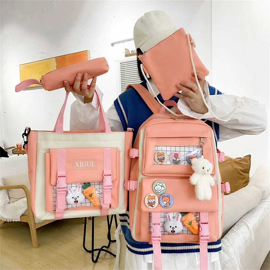 Stylish Backpacks Kawaii Women's School Backpack Cute Bag for Girls 4 Pcs/Set Harajuku Style Female Teenager Laptop Canvas Rucksack Ladies Bookbag classy backpack