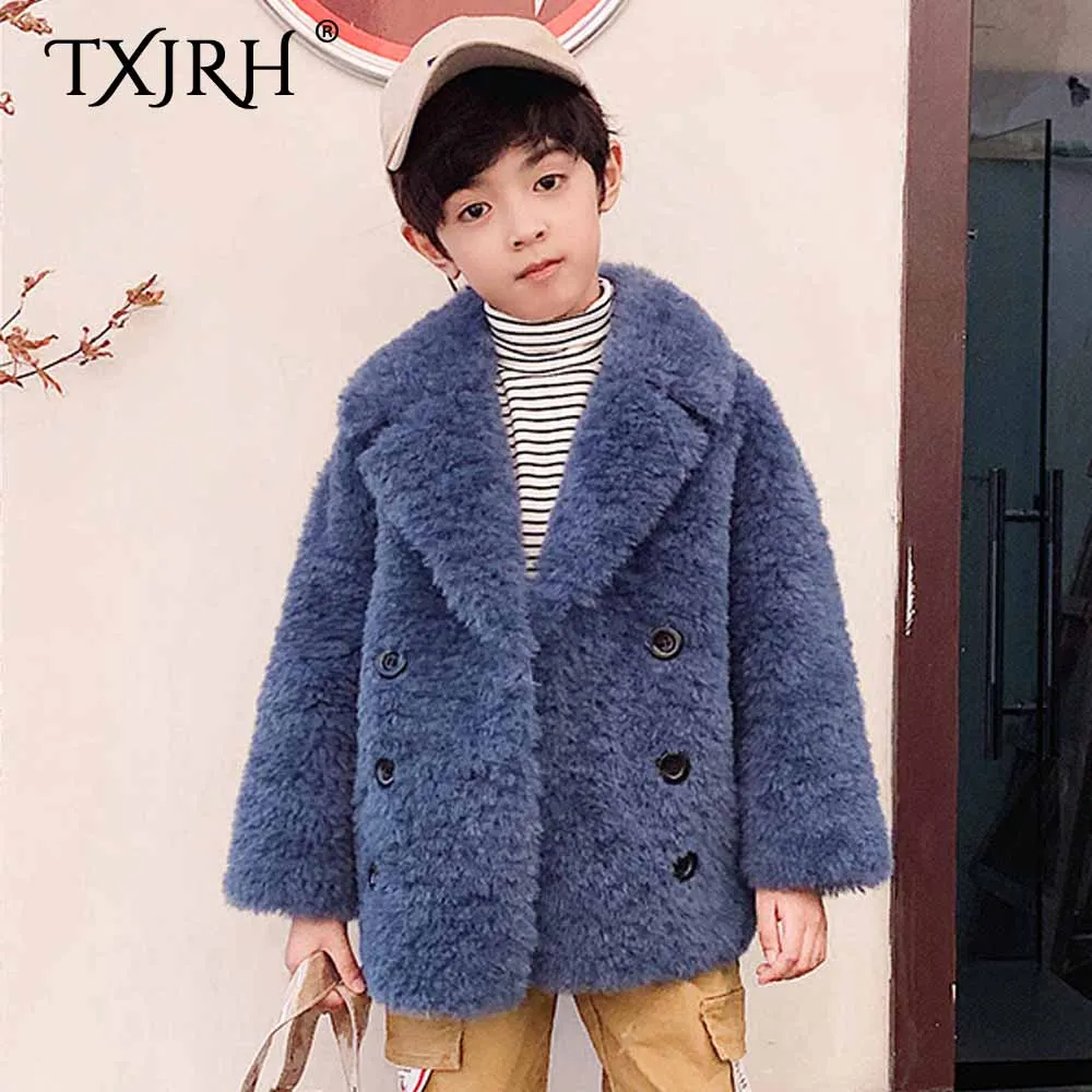 TXJRH/Стильная Детская верхняя одежда для мамы и сына с большим отворотом из искусственного меха ягненка, пушистая теплая двубортная куртка, пальто, топы