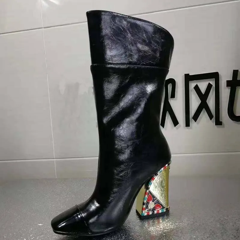 Black Ankle Boots Г. Высокие сапоги до бедра золотого цвета женские сапоги на высоком каблуке с острым носком, стразы смешанного цвета, Украшенные бусинами женская обувь для подиума женские сапоги В рыцарском стиле - Цвет: Black Ankle Boots