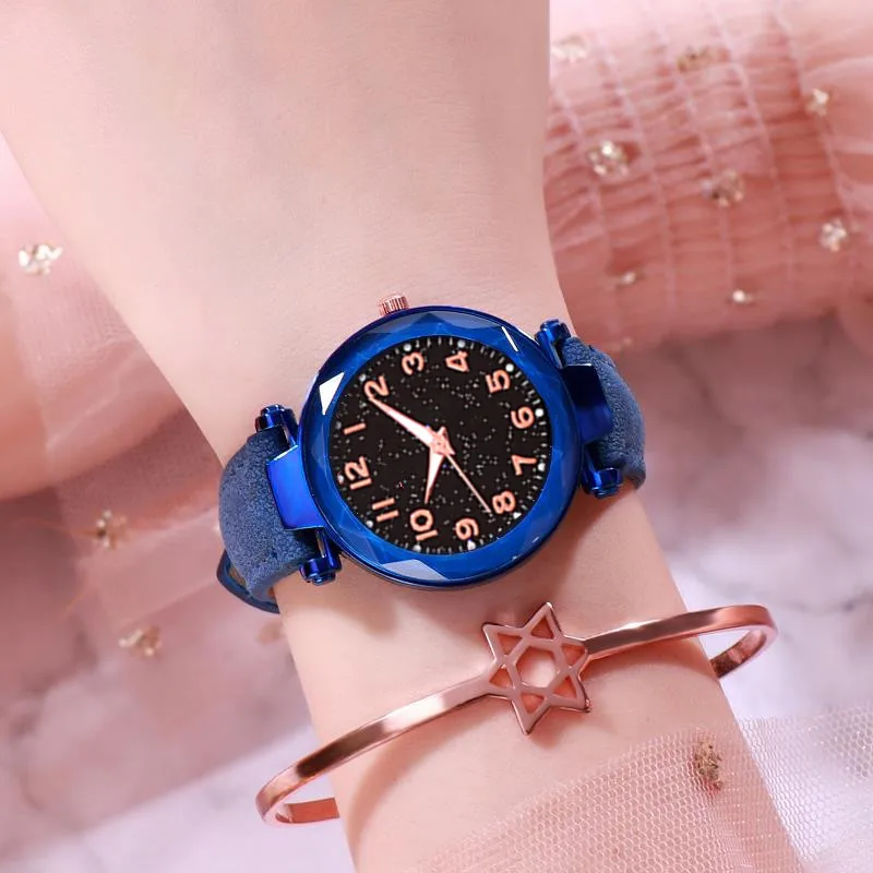 Светящиеся звездное небо часы женские кварцевые Кожаный ремешок цифровой циферблат женские наручные часы с геометрическим кристаллом повседневные цветы Reloj Mujer