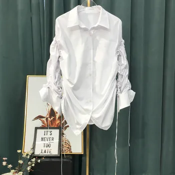 

2020 new spring and summer fashion women clothing Drawstring turn-down collar single breasted white shirt W068