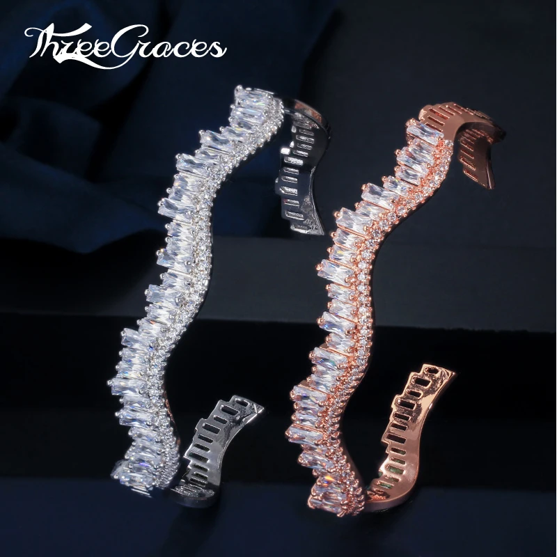 ThreeGraces Блестящий многослойный браслет Багет s образный с AAA кубическим цирконием