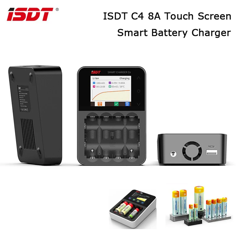 

Original ISDT C4 8A Touch Screen Smart Battery Charger With USB Output For 18650 26650 AA Battery