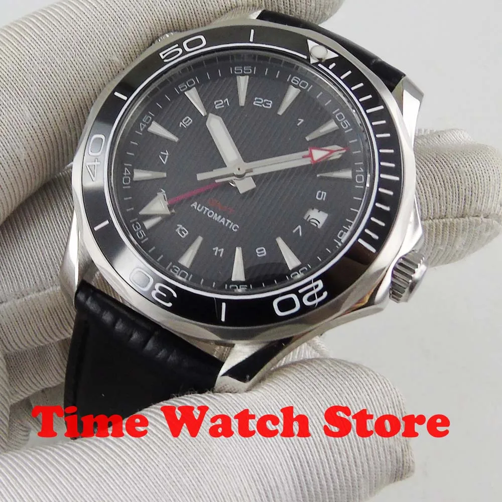 Новые 41 мм Bliger GMT автоматические часы мужские роскошные механические водонепроницаемые черный циферблат кожаный ремешок керамический светящийся сапфир 877