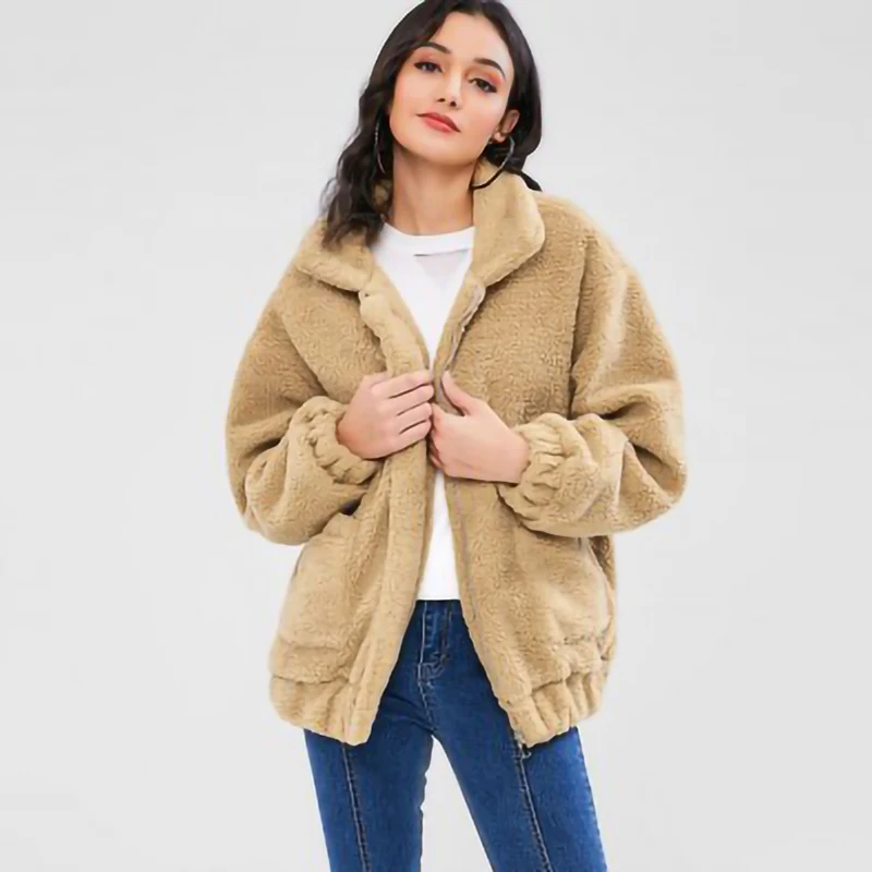 

2019 Autumn and Winter Long-sleeved Zipper Plush Jacket Solid Color Women's Wear Streetwear Thick Cropped Jacket Dropshipping