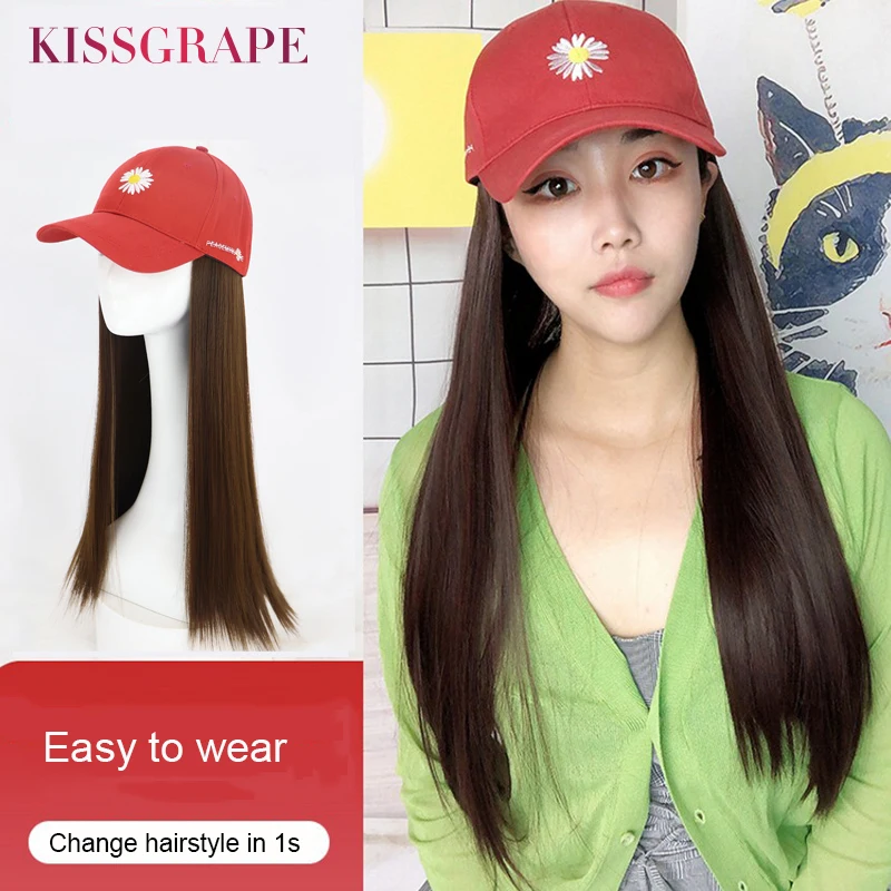 

New Women's Baseball Cap Wigs Hair Long Straight Synthetic Extensions Naturally Connect One Pieces Cap Hat Wig Adjustable Sizes