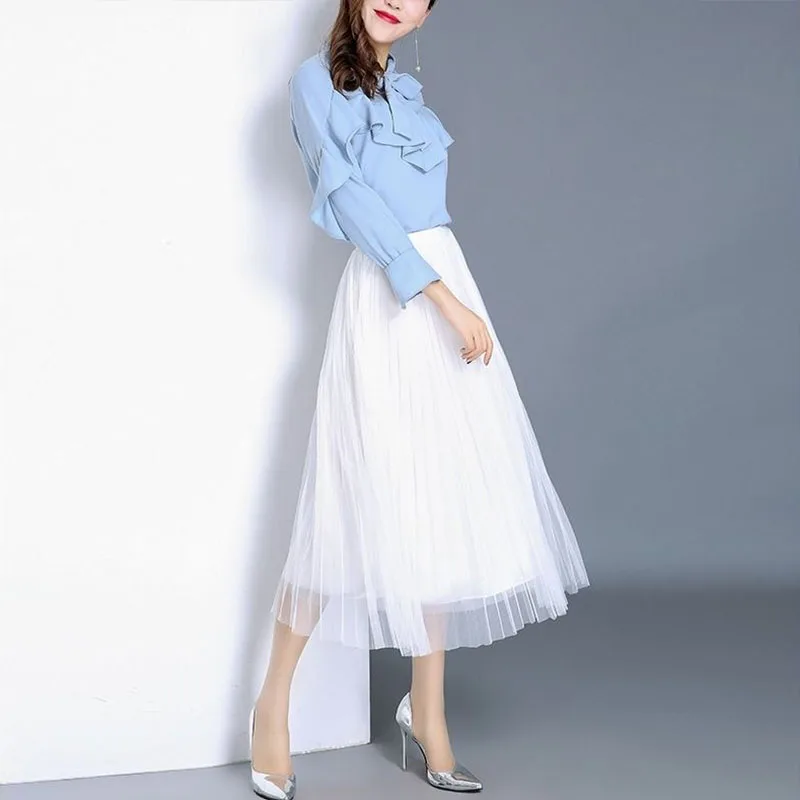 

New 2 Layers of yarn Women's Tulle A-Line Skirt Women 2022 Summer Elastic High Waist Mesh Skirts Long Pleated Tutu Skirt Female