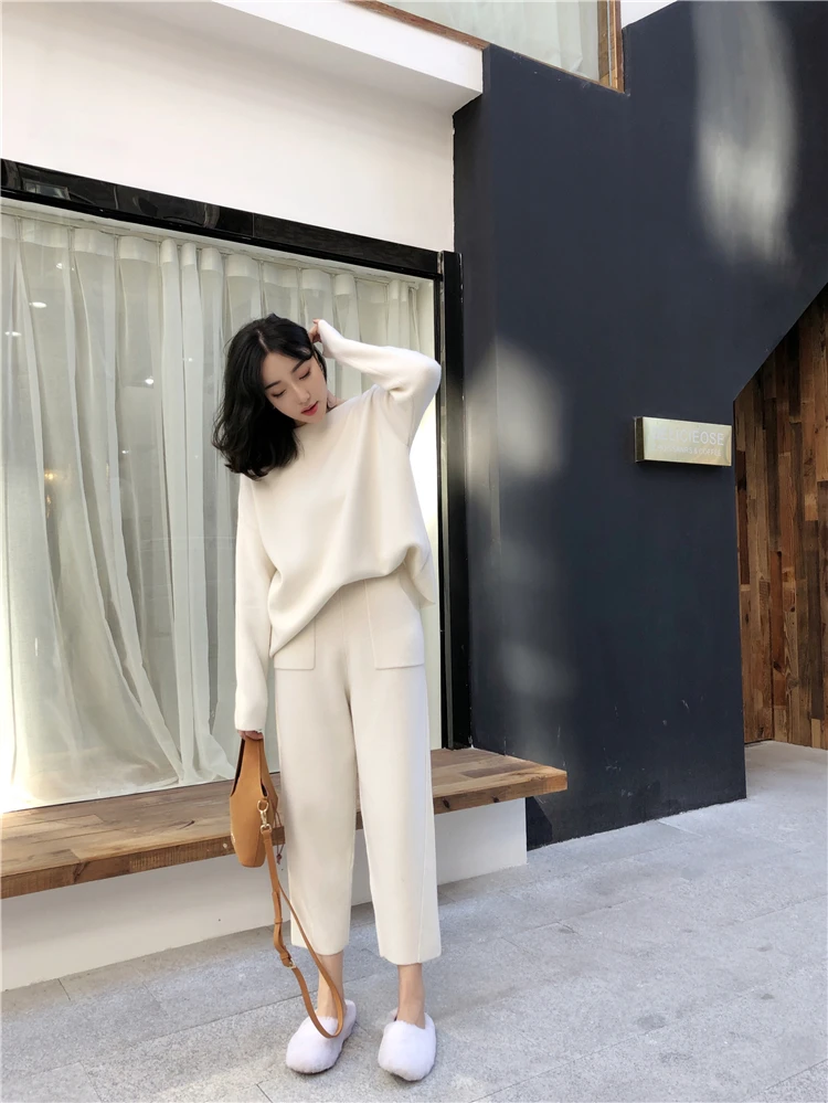 Autumn Winter Knitted Sweatshirts Tracksuit Women Cashmere Clothing 2 Piece Set Thick Warm O-neck Sweater+Ankle-Length Pant Suit