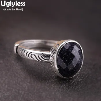 

Uglyless Vintage Ethnic Totem Patterns Real 925 Silver Rings for Women Simple Faceted Gemstones Blue Sand Stones Open Rings R872