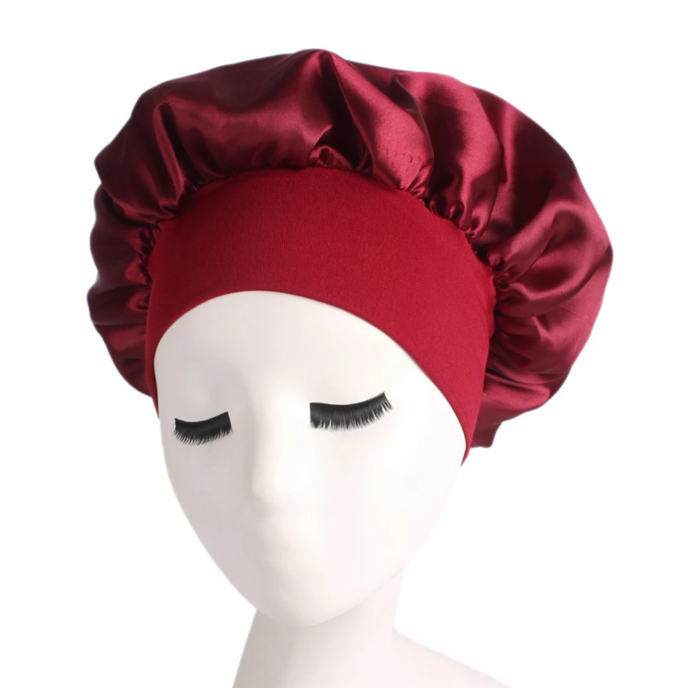 58 см, одноцветная Женская атласная шапочка для ухода за длинными волосами, шапка для ночного сна, шелковая шапка для головы, Регулируемая Шапочка для душа, вязаная шапка - Цвет: wine red