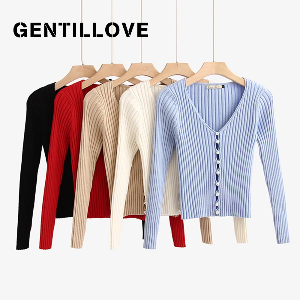 Gentillove женский элегантный вязаный свитер с бисером, повседневный однотонный однобортный Кардиган с v-образным вырезом и жемчугом, Осеннее тонкое вязаное пальто