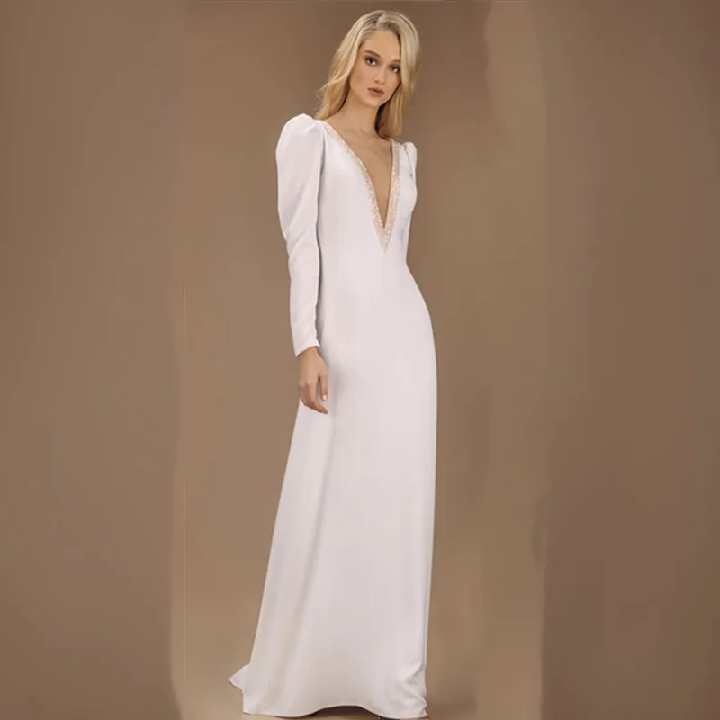 

Deep V-Neck Wedding Dress 2024 Full Sleeve For Sexy Women Appliques Bridal Gown Sweep Train Novia Do Vestidos New Arrival Stain
