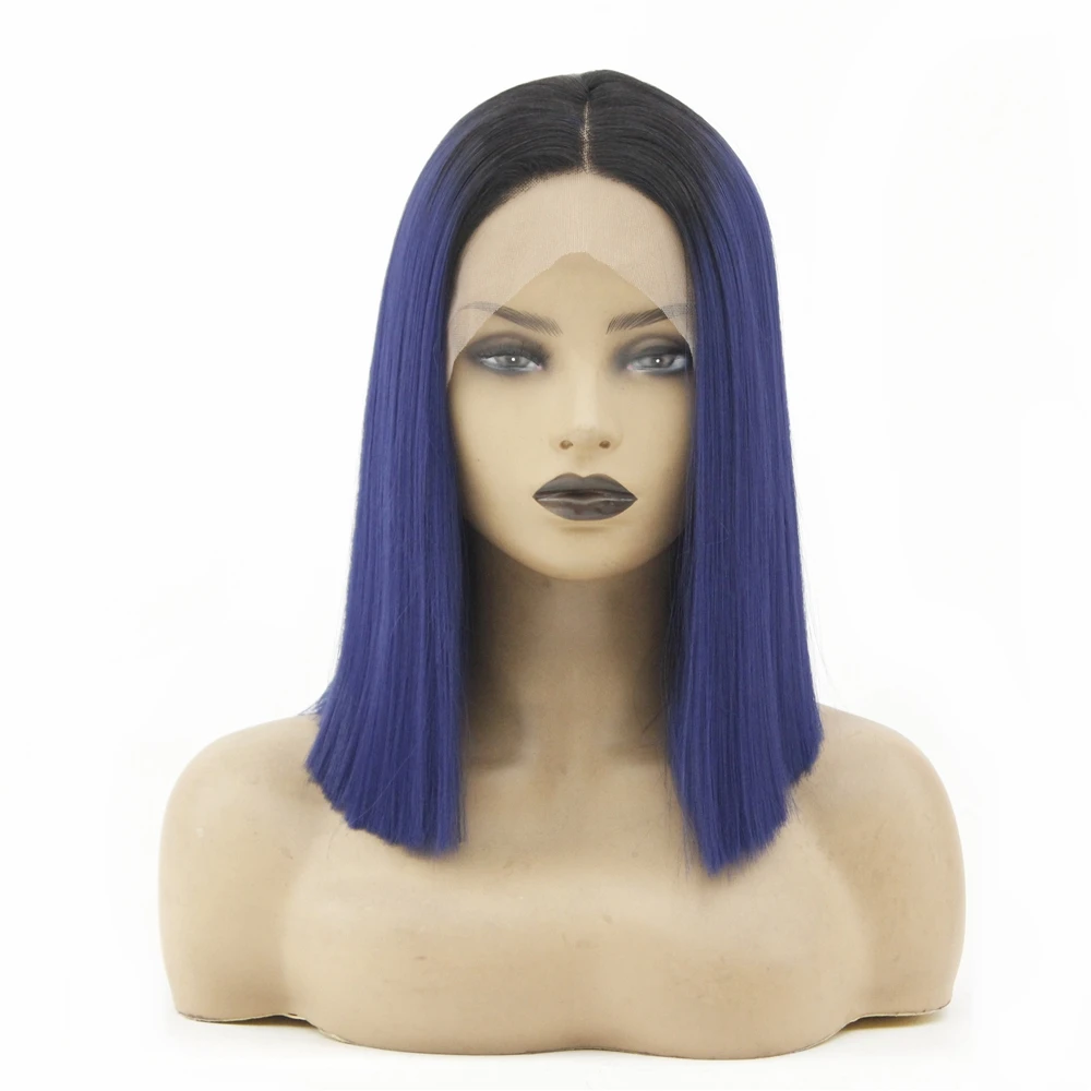 Ombre Синий цвет короткий боб парик фронта шнурка Glueless темный корень синтетический