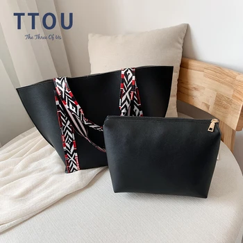 

Fashion Women Handbag Quality Leather Female Shoulder Bag 2 pcs/set High Capacity Ladies Tote Bags Colored Strap Sac a main