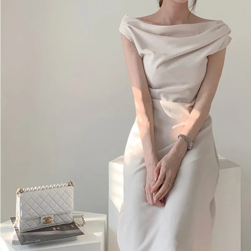 

Korean Fashion Dress for Women Elegant Woman Slash Neck Dresses Woman High Waist Solid Dresses Lady Sleeveless A-line Long Dress