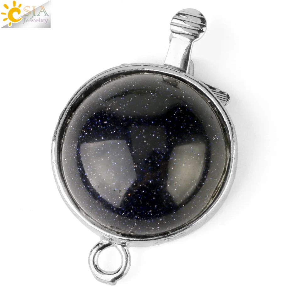 

CSJA Natural Stone Blue Sand Connector Dome Round Cabochon Single Buckle Silver Color Metal Accessories for Jewelry Making G221