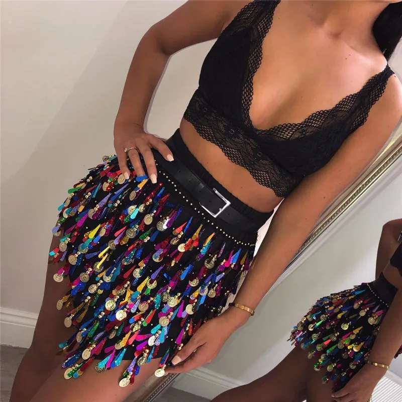 

Sequin irregular upskirt cheerleading club Attractive Tassel Beach Mini Skirt Women Sexy Summer High Waist Basic Party Club