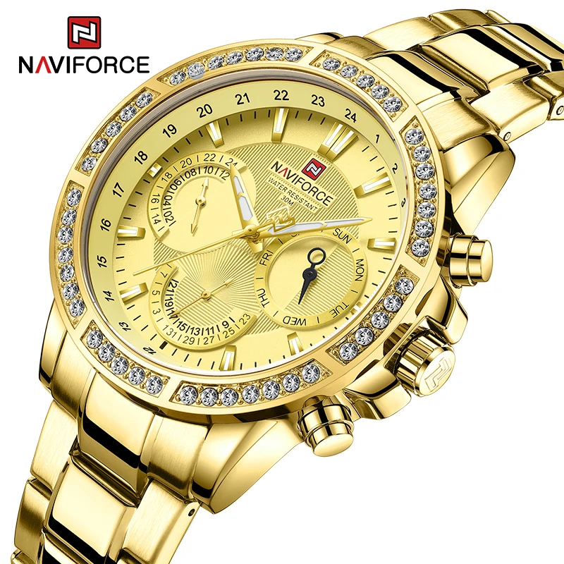 NAVIFORCE New Men Watch Fashion Luxury Diamond Gold Men's Multi-Function Casual Watches 30 Meters Waterproof Quartz Male Clock | Наручные