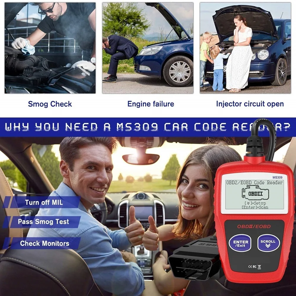 MS309 сканер считывания кодов для автомобилей OBD2 работает для американских азиатских европейских автомобилей диагностический сканирующий инструмент считывание стирания кодов неисправностей двигателя