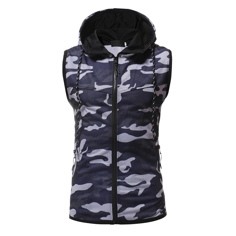 Navy Vest Men Мужской жилет модная камуфляжная куртка без рукавов с капюшоном Повседневная тонкая фитнес тренировка на молнии Карманный жилет мужская одежда - Цвет: Navy Vest Men