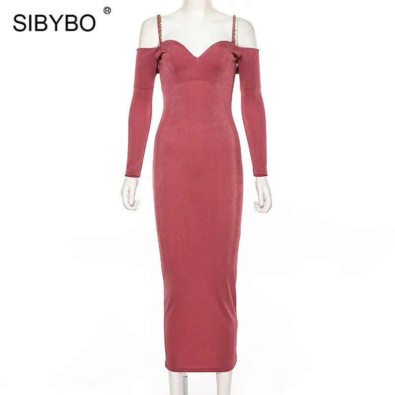 SIBYBO Metal Spaghetti Strap Winter Long Dress Women Off Shoulder Long Sleeve Sexy Bodycon Dress Autumn Backless Party Dress