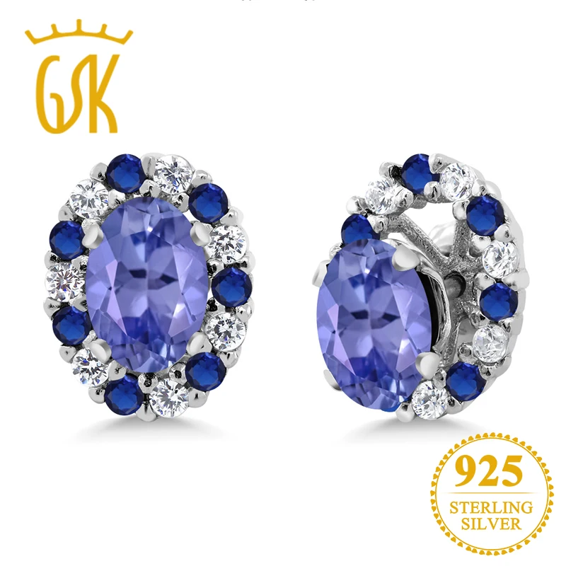 Женские серьги пусеты GemStoneKing1.26 Ct Овальные из натурального синего танзанита