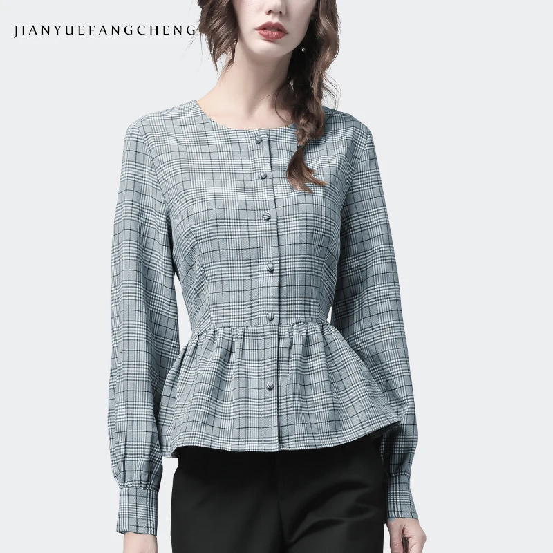 Винтажная Женская клетчатая блузка с длинным рукавом и круглым вырезом, топ с баской, Модная элегантная тонкая офисная Повседневная осенняя одежда в британском стиле