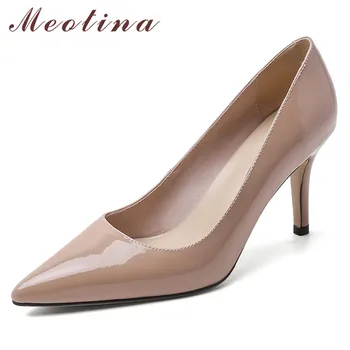 

Meotina High Heels Women Pumps Natural Genuine Leather Thin High Heels Shoes Cow Patent Leather Pointed Toe Shoes Ladies Size 39