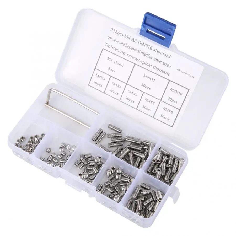 

212Pcs Grub Screws Stainless Steel Inner Hex Concave End Tighten Hardware Fasteners Set Screws Fasteners Hand Tool Accessories