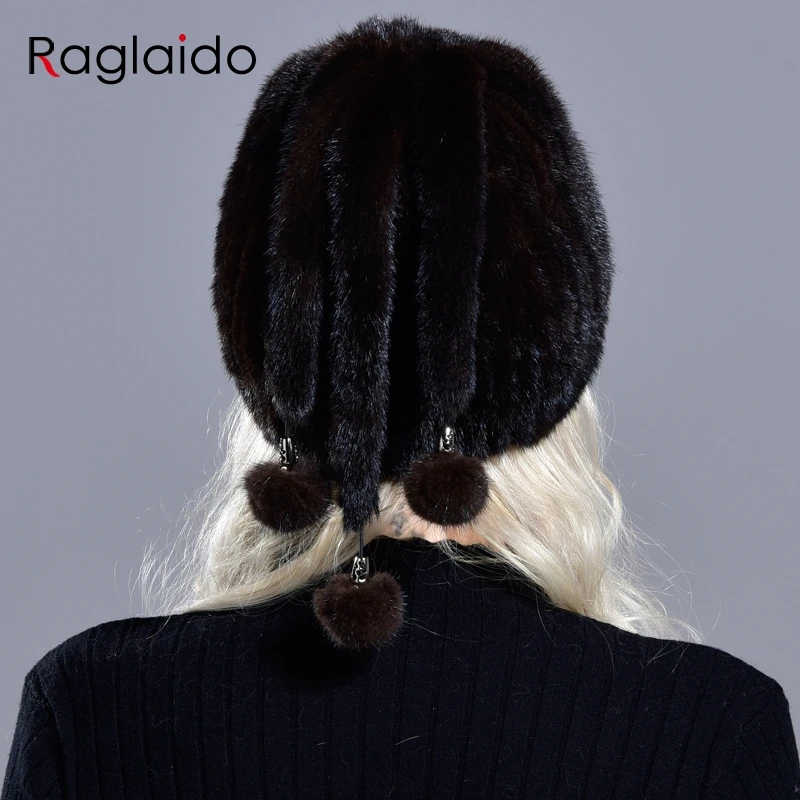 real mink fur hats women's winter natural geniune fur warm knitted hats with 3 balls handsewn fashionable skullies beanies hat