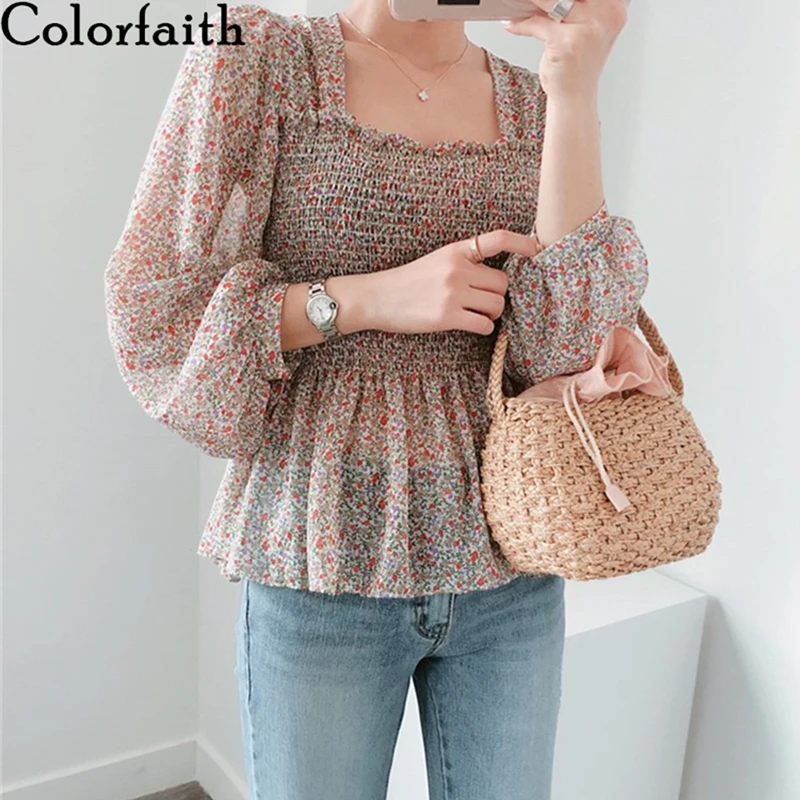 

Colorfaith New 2020 Summer Women's Blouse Chiffon Elasticity Floral Wrinkled Casual Elegant Square Collar Shirts Tops BL9009