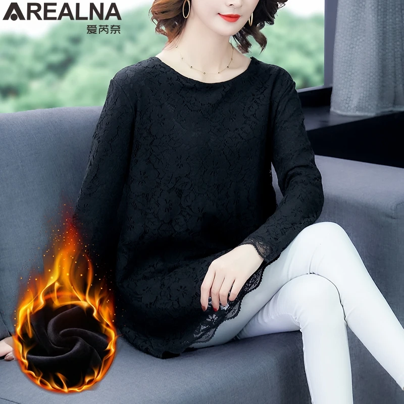 Plus velvet black Зимняя бархатная винтажная Кружевная блуза с длинным рукавом, Женская туника, Длинные рубашки размера плюс, Женские топы и блузки, Женская сорочка 4XL - Цвет: Plus velvet black