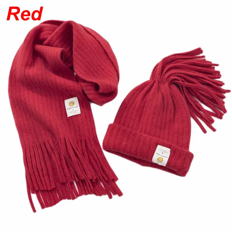 Red Комплект из шапки и шарфа с бахромой для маленьких детей; вязаная шапка для мальчиков и девочек; теплые зимние шапки и шарфы - Цвет: Red