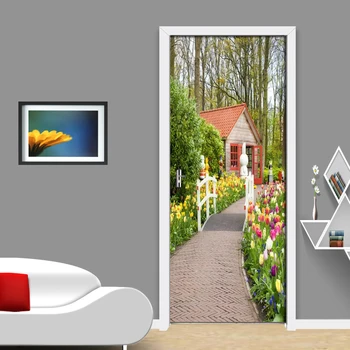 

3D Beautiful Garden Path Photo Wall Paper Door Sticker For Living Room Bedroom Door PVC Self-adhesive Waterproof Decor 3D Mural
