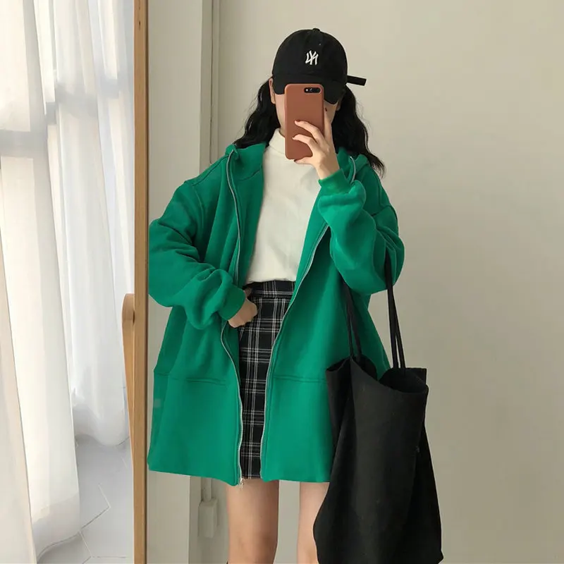 

Autumn Oversize Hooded Jacket Woman Casual Streetwear Green Loose Fitting Zip Up Front Coat With Hood Outerwear Drop Shoulder
