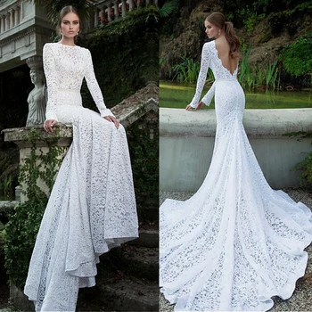 

Vestido de noiva 2020 Romantic Lace Neckline Natural Waistline Mermaid Wedding Dress Long Sleeves Open Back Bridal Gowns