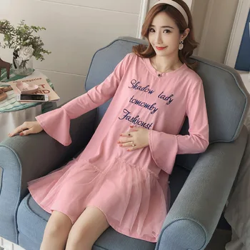 

Maternity Clothes Maternity Dress Dress Spring And Autumn-Fishtail Irregular Pink Lettered Pendulum Bell Sleeve Skirt