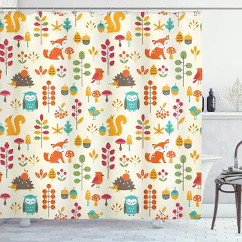 

Children Shower Curtain Kids Autumn Pattern with Owl Fox Squirrel Birds Animal Leaves Print Bathroom Decor Set