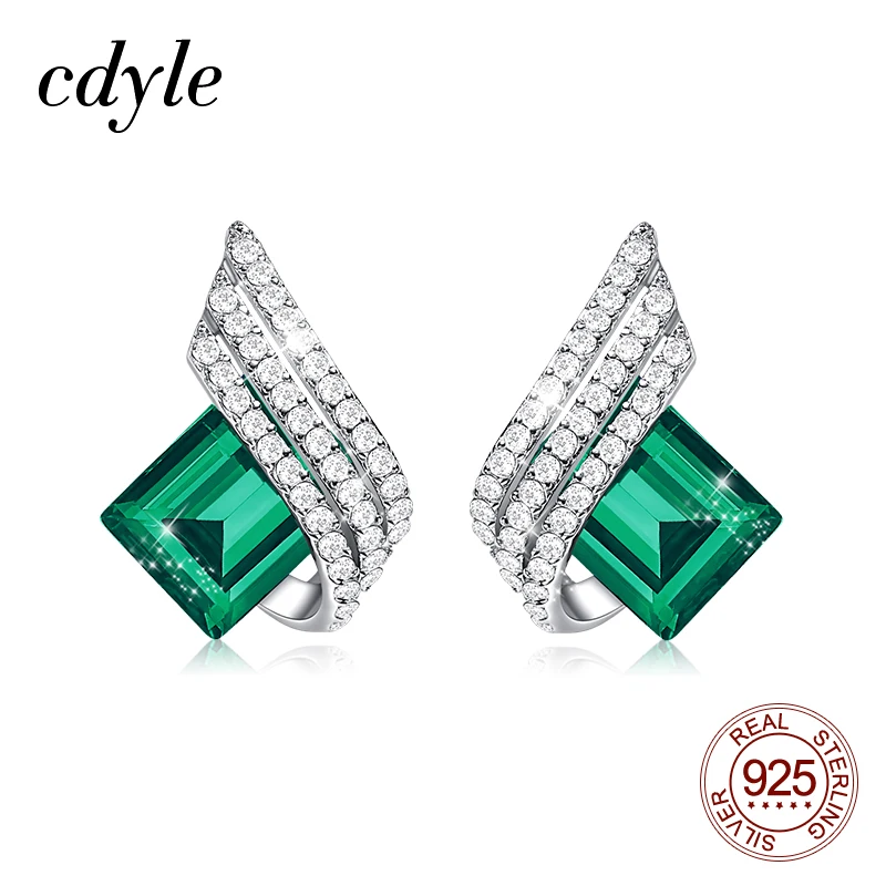 Cdyle, 925 пробы, серебряные серьги с крыльями, зеленый циркон, прямоугольные серьги-гвоздики для женщин, пирсинг, Модная бижутерия