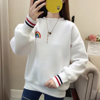 

Women Casual Sweatshirt Hoodie Rainbow Print Thick Female Fleece Tracksuit Loose Long Sleeve Pullover