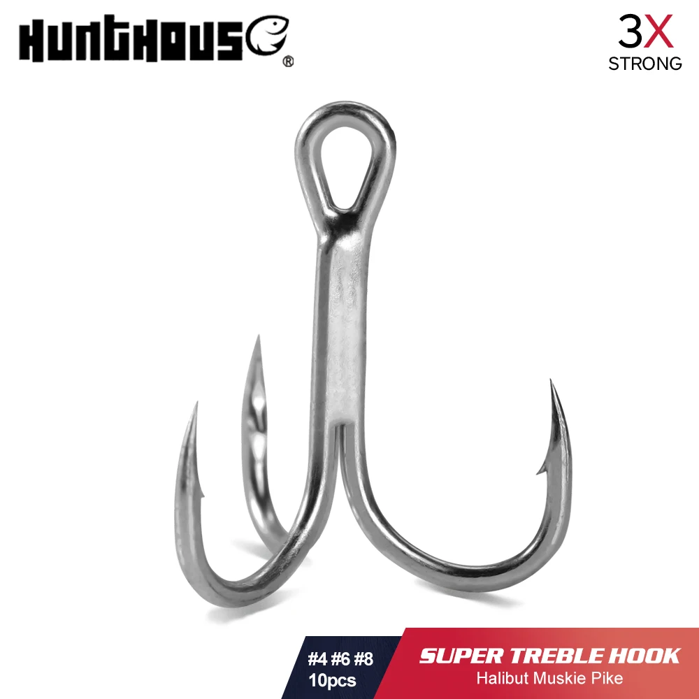 Hunthouse fishing treble hook 3X Strong 10pcs/lot High Steel Carbon  Saltwater 4# 6# 8# for hard lure Tackle Tool Accessories