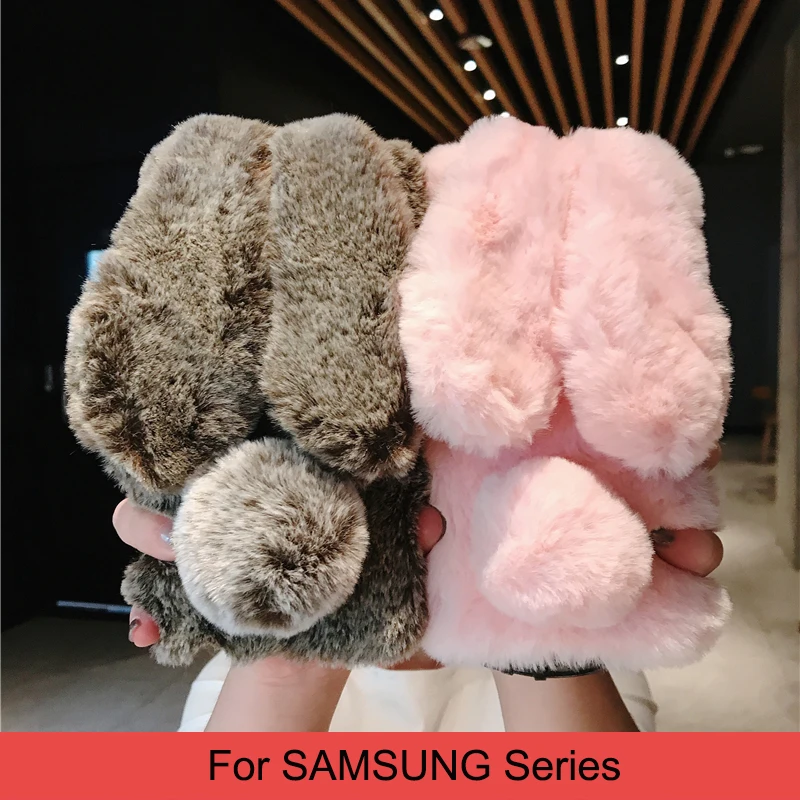 Lindo oreja de conejo Esponjoso Peludo Conejo De Peluche Suave Estuche Cubierta Para Samsung A8 Plus J4