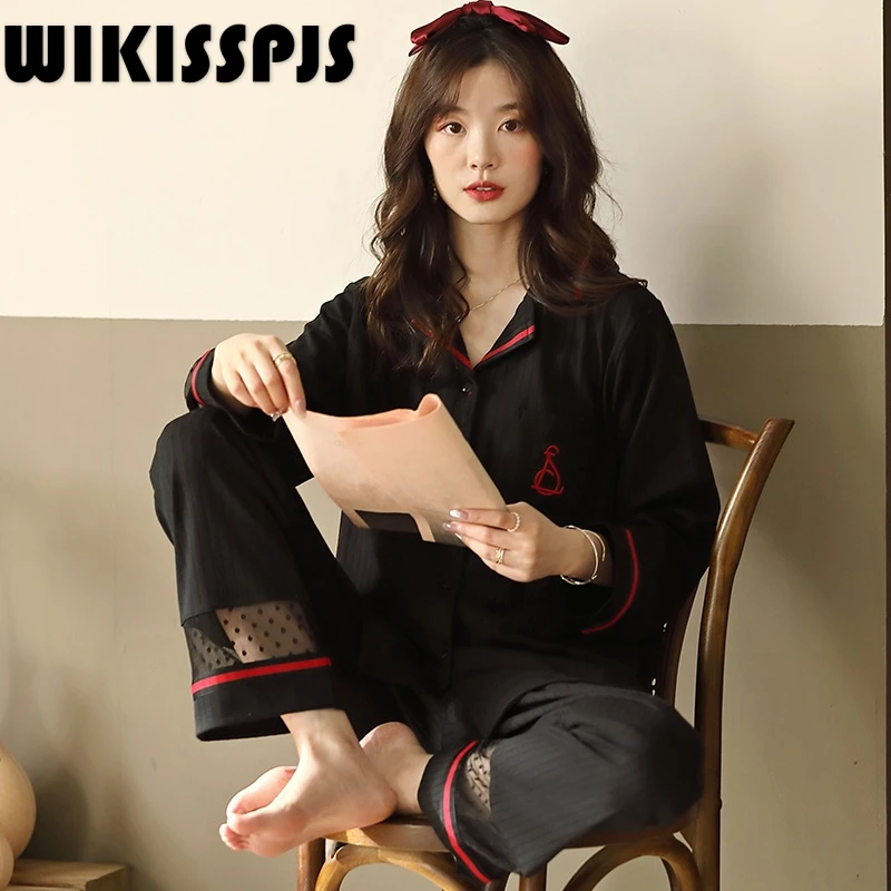 

WIKISSPJS 2022 autumn new cotton pajamas women's cardigan Lapel loose home suit lounge wear bedroom set womens two piece sets