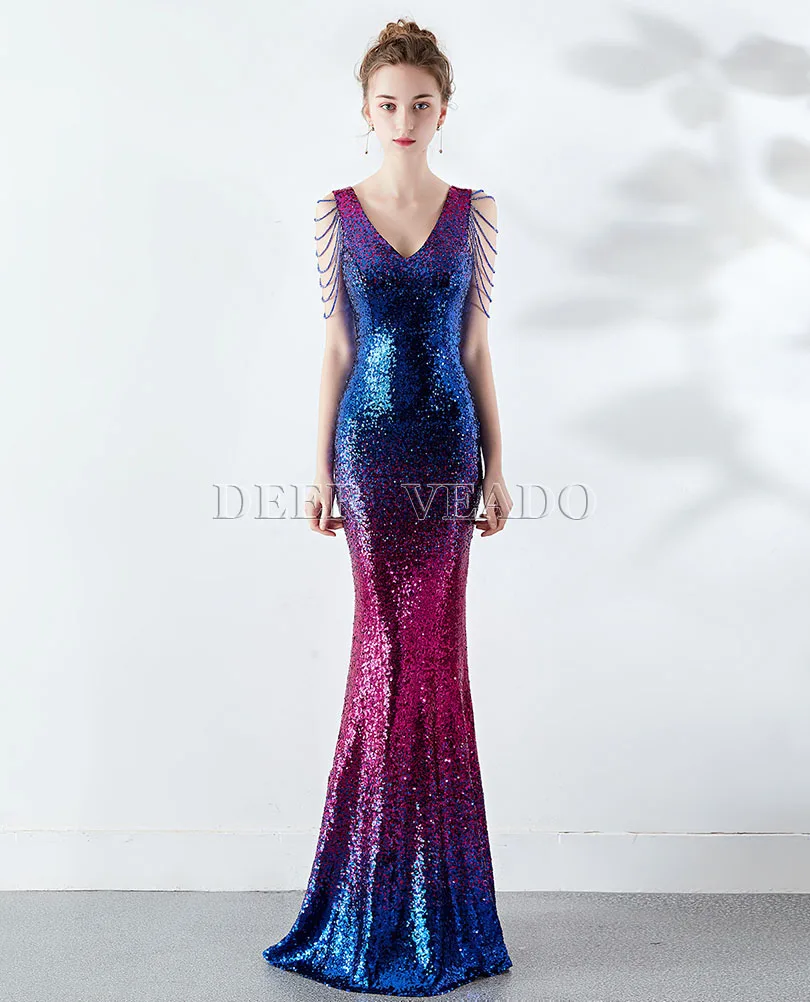 DEERVEADO сексуальный глубокий v-образный вырез Вечернее платье с блестками вечерние платья-русалки с Бисер официальное вечернее платье K16180