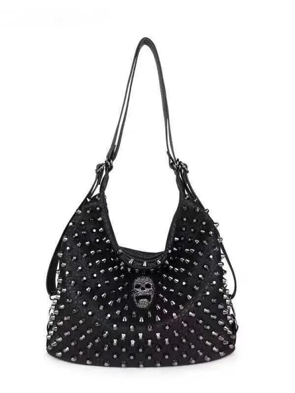 Large Rivet Skull Handbag Women Pu Leather Large Capacity Tote Messenger Shoulder Bag cross body punk hip hop black tote purse