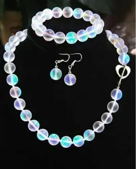 

8mm White Gleamy Rainbow Moonstone Round Beads Necklace +Bracelet + Earrings Set Jewelry